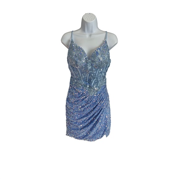 BXZ Sequined Ruched Corset Mini Dress. Size 5. Baby Blue.